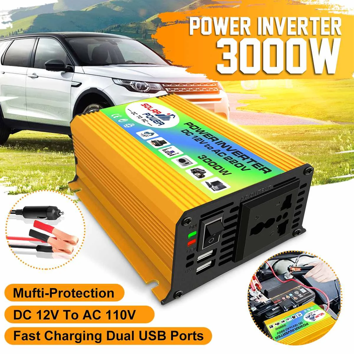 

3000W Solar Inverter DC 12V To AC 110V Car Converter Inverters Dual Ports Tools Portable For Home Appliances Fast Charging