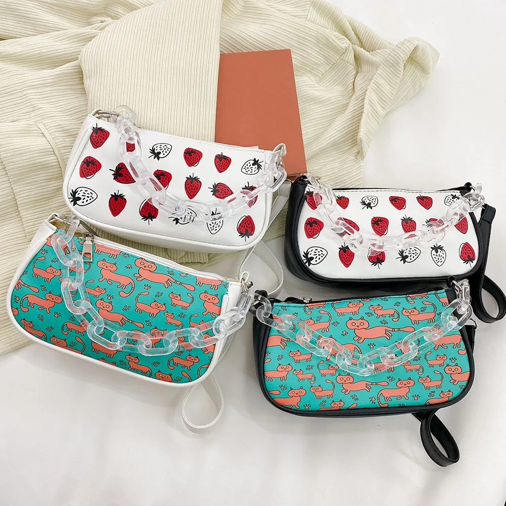 

Women Fashion Strawberry Cat Pattern Printing Shoulder Underarm Bag Ladies Casual Zipper Acrylic Chain Small Purse Handbag