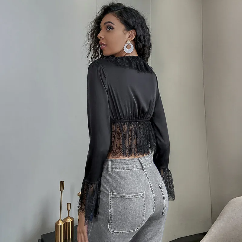 

Womens Sexy Tops Long Sleeve 2020 Autumn Lace Chiffon Casual Korean Women Blouses