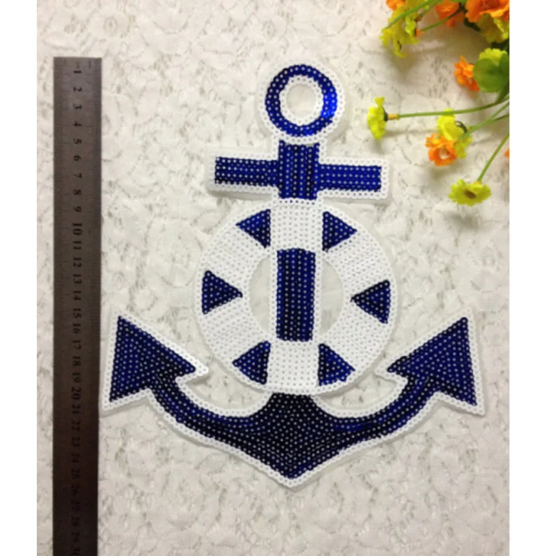 Изысканная вышивка бисером этикетка Блестки бусины ткань корабль Якорь крючок