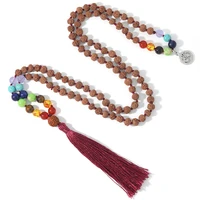 108 original rudraksha beaded knotted 7 chakras mala necklace meditation yoga prayer rosary with om pendant tassel jewelry