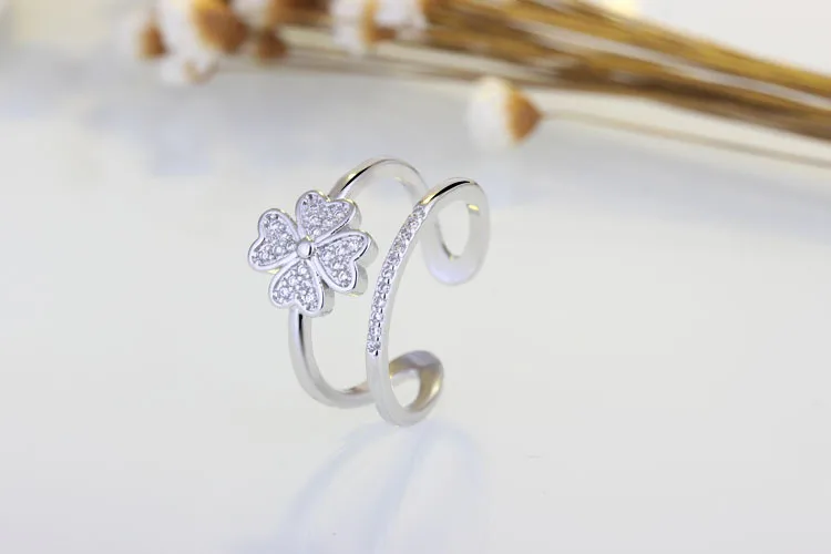 925 пробы серебряные кольца для женщин мозаика из фианита на удачу четырехлистный