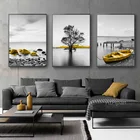 Желтый постер в стиле ретро, морской пейзаж, рыбалка, скандинавский лодка, пейзаж, холст, живопись, Настенная картина для гостиной, домашний декор