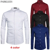 white banded collar dress shirt men slim fit long sleeve casual button down shirts mens business office work chemise homme s 2xl