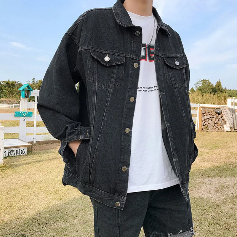 

Basic Loose Jeans Jacket Men Classic Streetwear Male Denim Jacket Pockets Single Breasted Jeans Tops Outerwear 2021 Spring