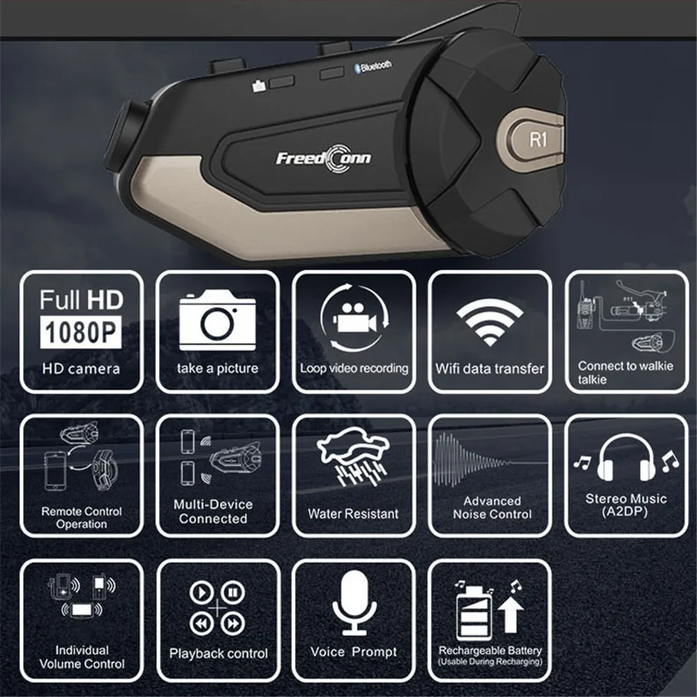 Гарнитура для мотоцикла FreedConn R1 Bluetooth гарнитура шлема рекордер WiFi со встроенной