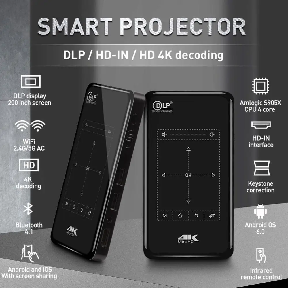 HD 4K умный беспроводной мини проектор DLP Android wifi Bluetooth 1080P 8G домашний кинотеатр HDMI