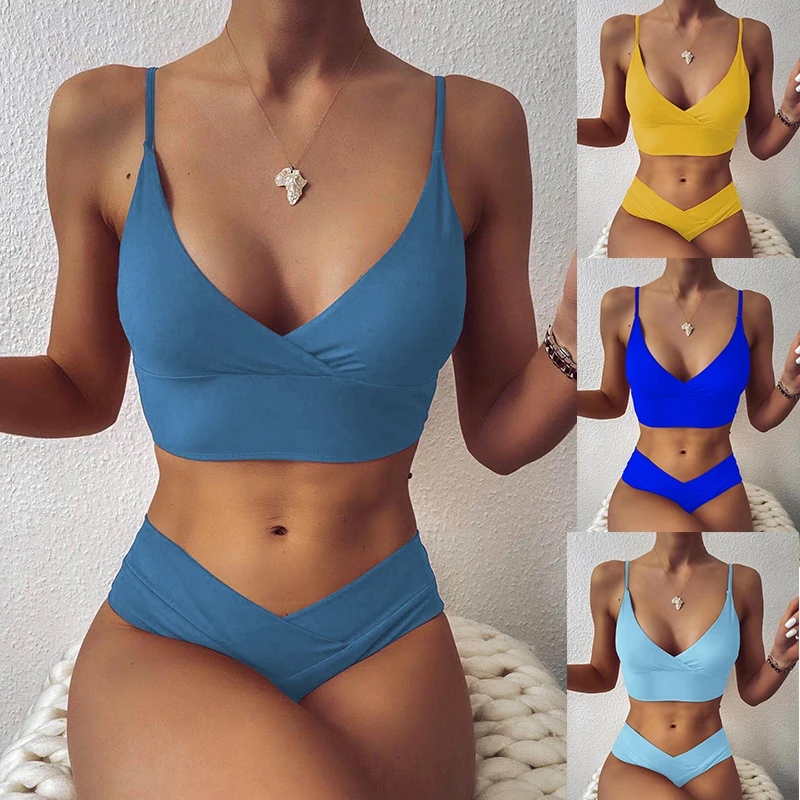 

2021 New Women Sexy Solid Color V-Neck Bikini Split Swimsuit Cross Swimsuit Plus Size Bikinis Set