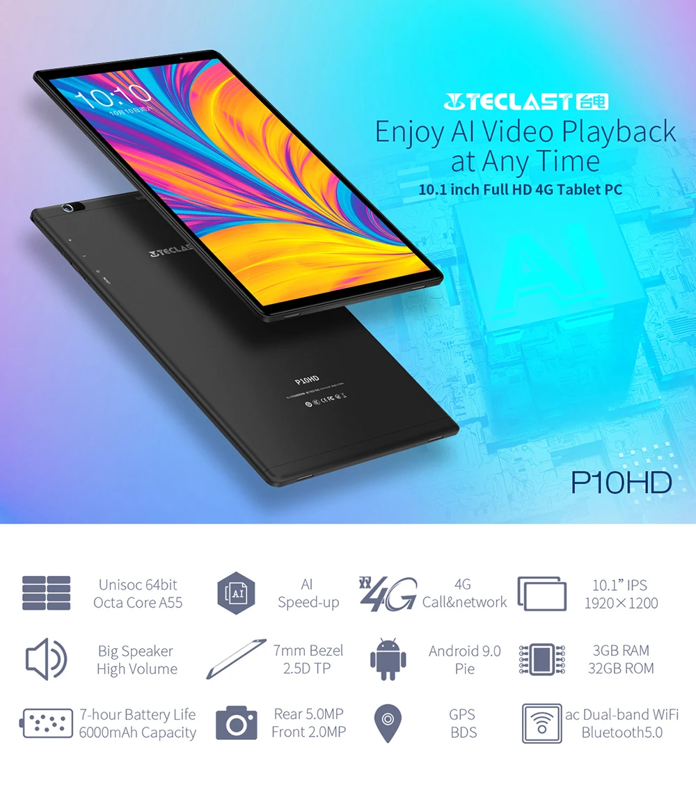 Teclast P10HD 10," Android 9,0 планшет 1920x1200 SC9863A Восьмиядерный 3 ГБ ОЗУ 32 Гб ПЗУ 4G сеть AI скоростные планшеты ПК двойной Wifi