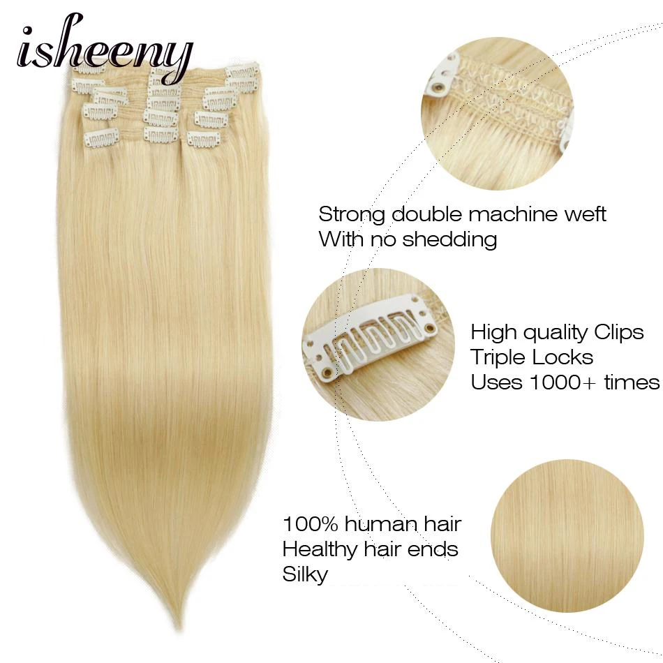 Isheeny Remy человеческие волосы на клипсах для наращивания волос 1"-20" 8 шт./компл. из двойной уточной нити бразильские волосы на заколках для наращивания на всю голову клип на комплект