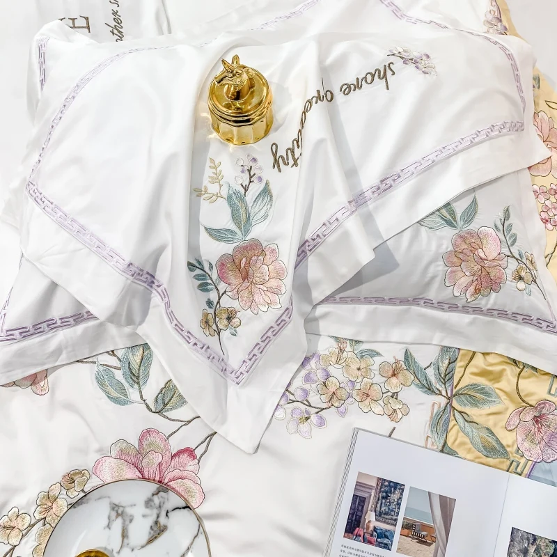 

Luxury White 1000TC Egyptian Cotton Chinese Style Flowers Embroidery Bedding Set Duvet Cover Flat Bed Sheet Pillowcases 4Pcs