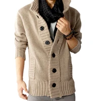stand collar long sleeve men cardigan side pockets buttons closure solid color sweater coat knitwear