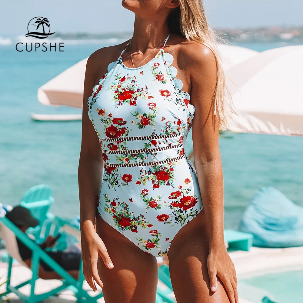 CUPSHE синий и красный цветочный Холтер цельный купальник женский волнистый