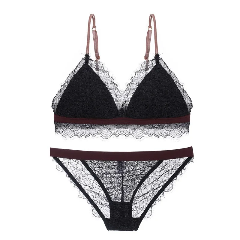 

DERUILADY Bra Set Sexy Lace Underwear Women Set See Through Panties Lingerie 2 Piece Sets Comfort Wireless Backless bralette Set