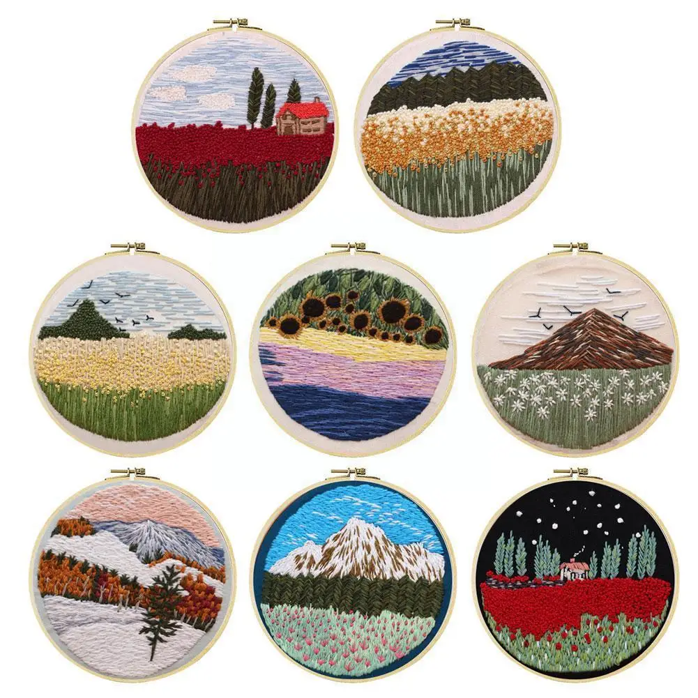 

New Flower Sky Trees Beginner Embroidery Fabric Threads 3d Material Diy Stitch Landscape Needlework Bag Cross Kit J6C0