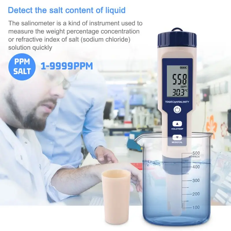 

5 in 1 TDS/EC/PH/Salinity/TEMP Water Quality Tester With Electrode Replaceable Can Measured Non-sea Salinity