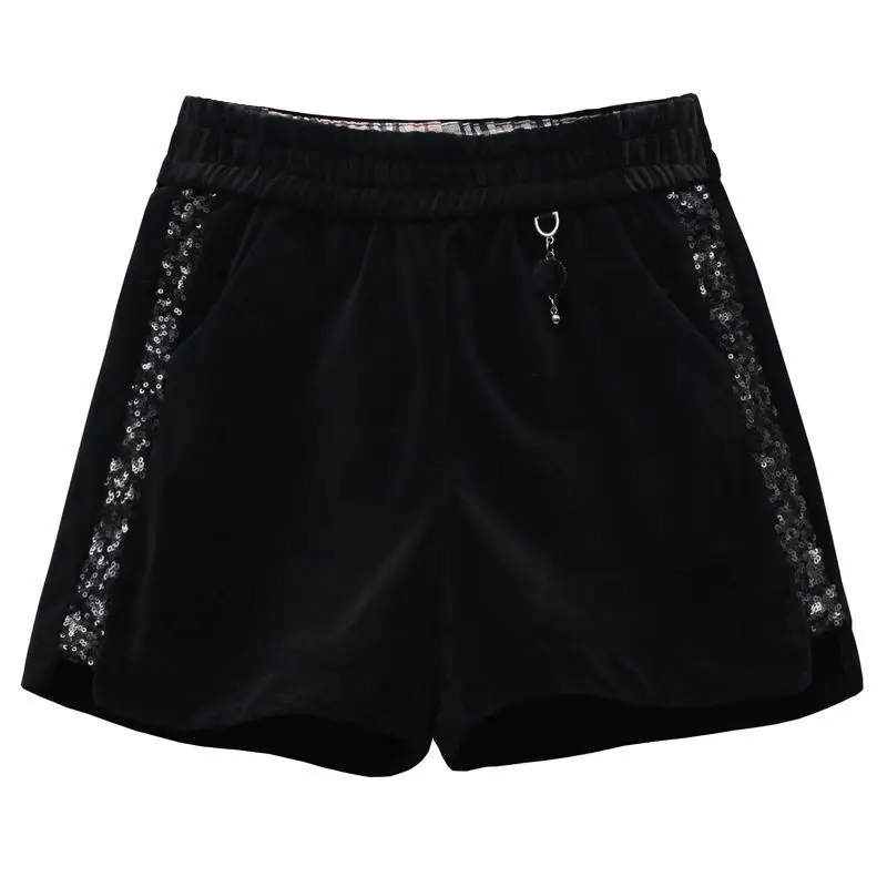

2021 New Autumn Winter Women Fashion Slim High Waist Black Female Sequin Chic Korean Pockets Wide Leg Boots Shorts Y566