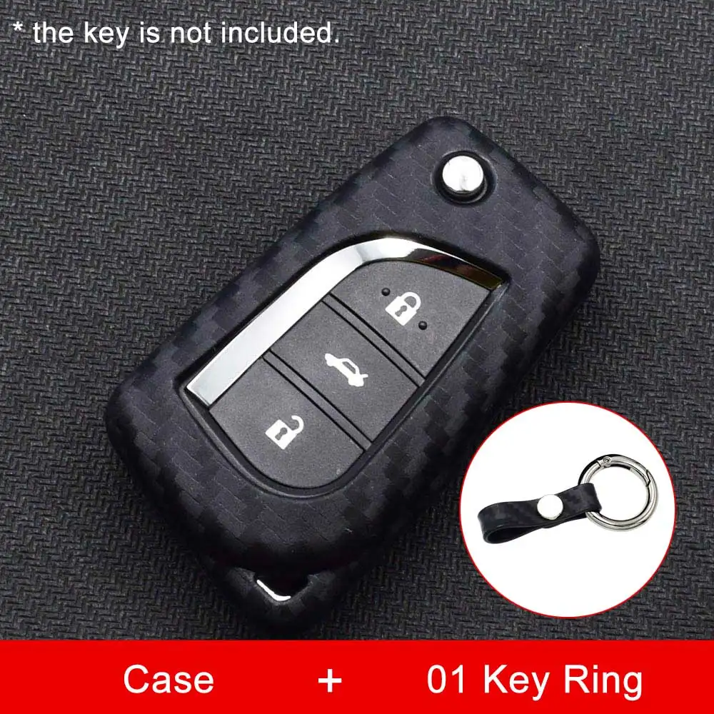 Case and 01 Key Ring Карбоновый силиконовый чехол для ключей от машины для Toyota Yaris Reiz Carola Rav4 2 3 кнопки складной пульт дистанционного управления брелок Защитная крышка брелок держатель сумка - Название цвета: Case and 01 Key Ring
