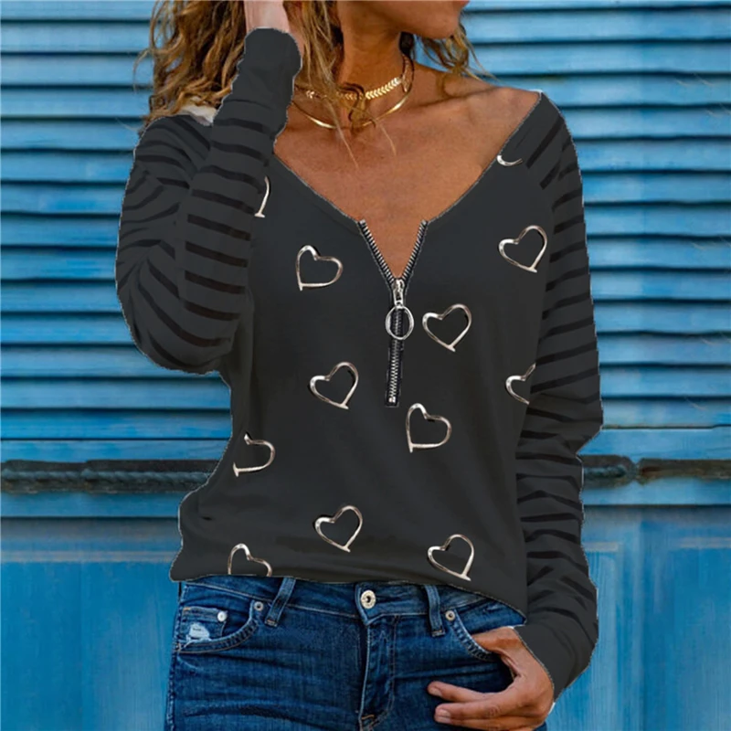 

Новинка 2021, Модный женский Топ с длинным рукавом и принтом Love, футболки на молнии с V-образным вырезом, женская одежда больших размеров, футбо...