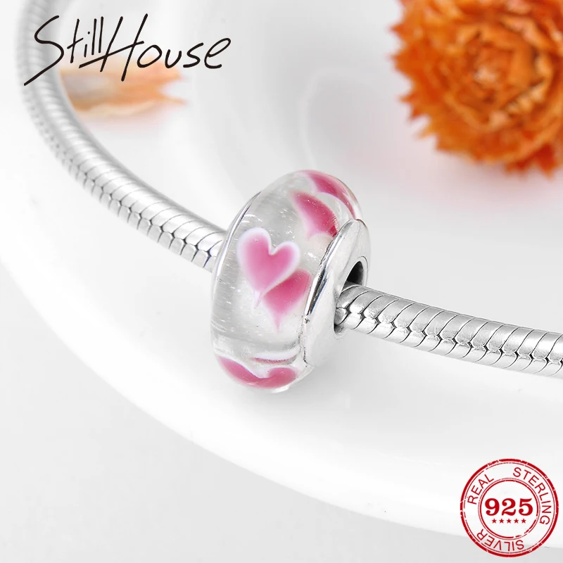 Бусина Шарм из серебра 925 пробы с розовыми сердечками|Ювелирные шармы| |