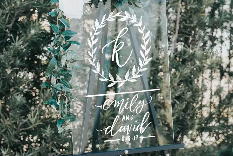 Акриловый Свадебный знак приветствия с листовой монограммой имена и дата