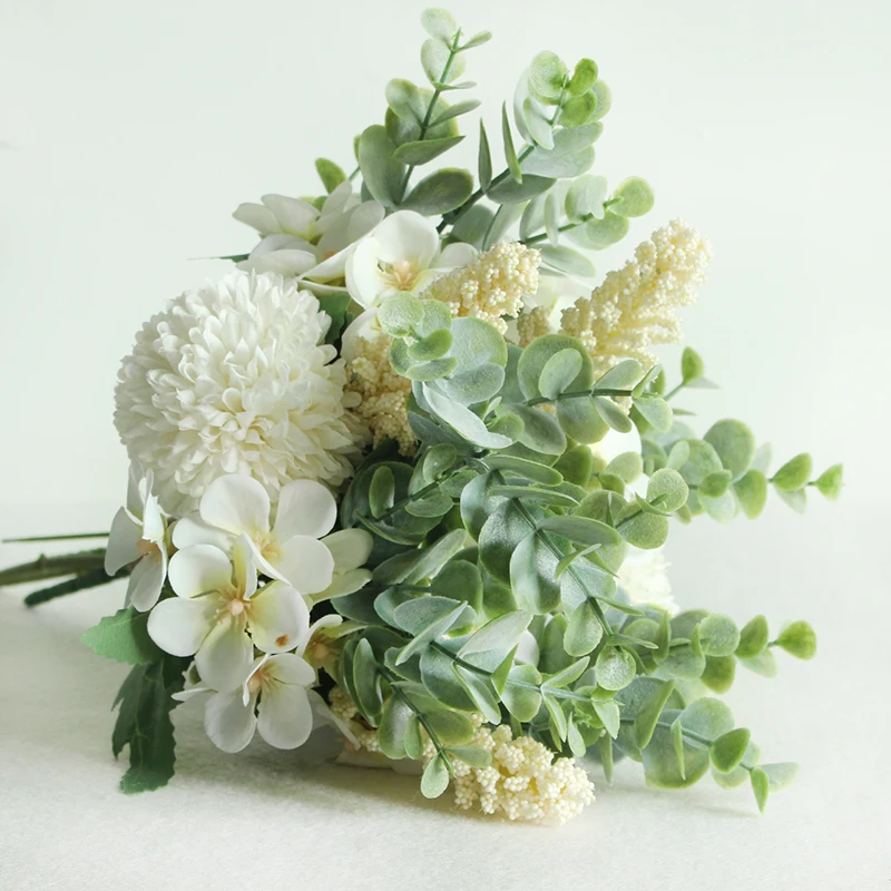 Artificial Silk Pompon Luckyball Flowers Bouquet Green Eucylaptus Flores Wedding Home Party DIY Decor Fake | Свадьбы и торжества