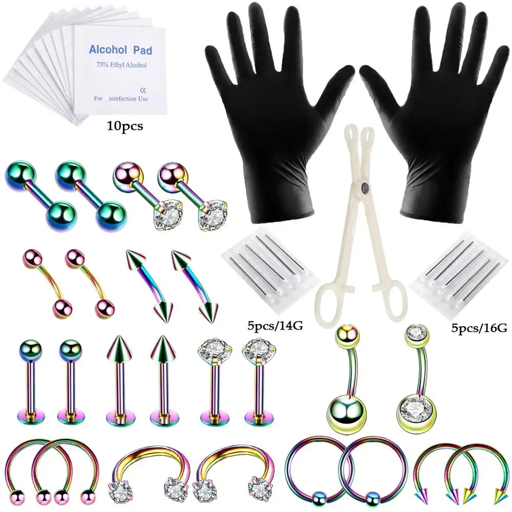 

Multi color, ear hole, nose nail, lip ring, navel ring, tattoo piercing set 47 pieces of whole body piercing, whole body piercin