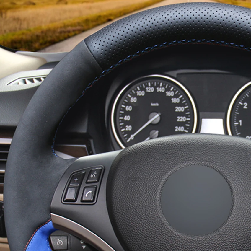 

LQTENLEO DIY Car Steering Wheel Cover Black Leather Blue Suede For BMW M Sport 3 Series E91 320i 325i 330i 335i M3 E90 E92 E93