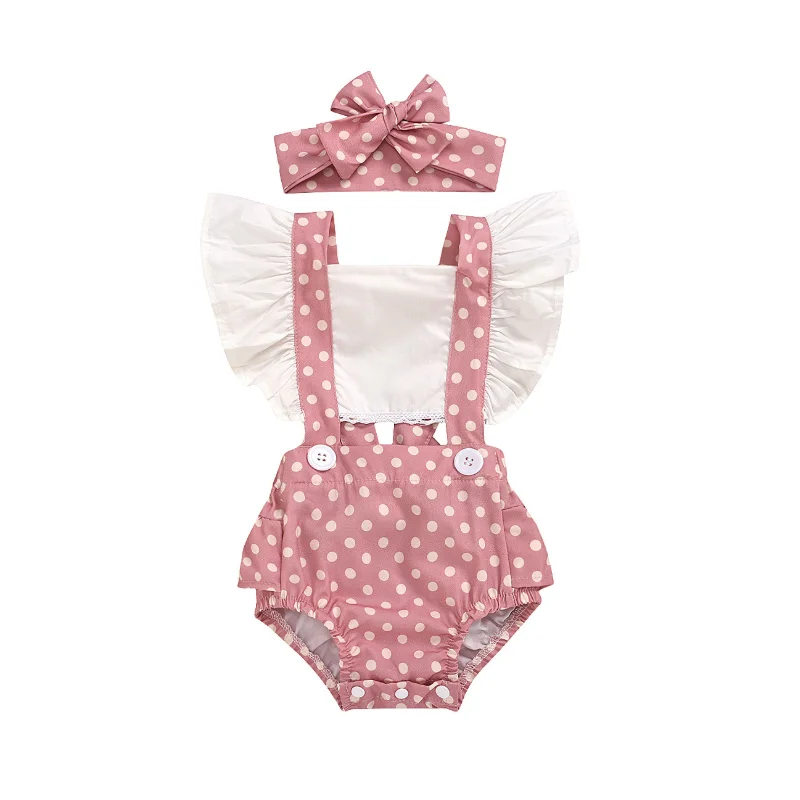 

Baby Girl Clothes Infant Toddler Romper Summer Cotton Printing Ruffle Sleeveless Sling Girl Bodysuit Headband Set