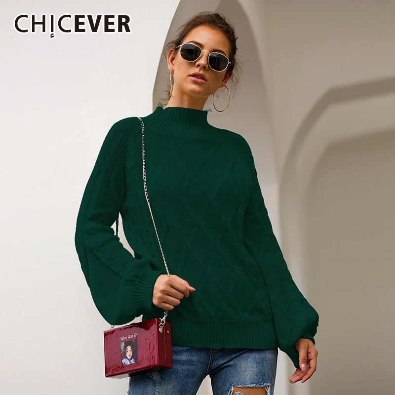 CHICEVER свитер джемпер для женщин водолазки рукав фонарик осень повседневные