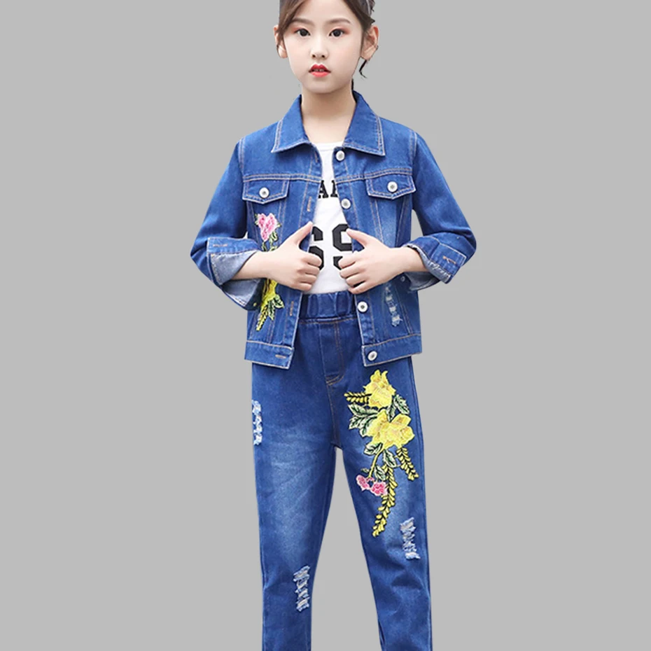 Комплект одежды для девочек верхняя одежда с цветочной вышивкой куртка осенне