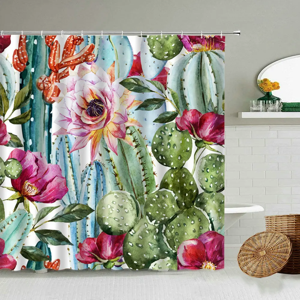

Занавеска для душа, водонепроницаемая тканевая шторка для ванной комнаты с тропическим изображением зеленых растений, кактусов, пальм, Лис...