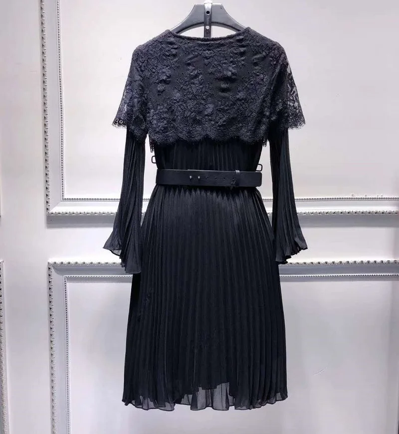 

XXL Dress 2020 Spring Fashion Style Women O-Neck Lace Patchwork Flare Sleeve Belt Patchwork Mid-Calf Pleated Dress for Party