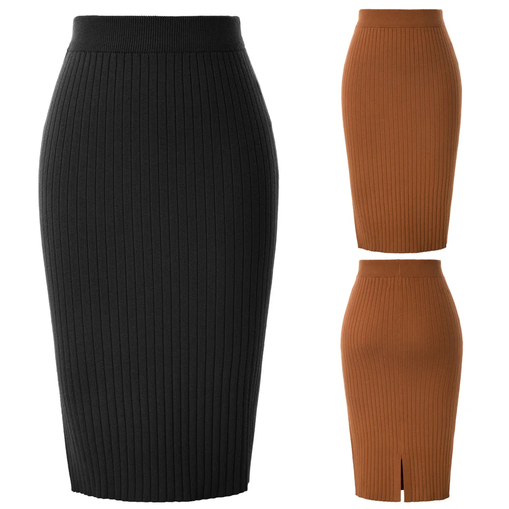 

Pencil Skirts Women Ribbed Knitted Skirt Elastic Waist Hips-Wrapped Back Vent High Stretchy Pure Color Back Split Sexy Slim New