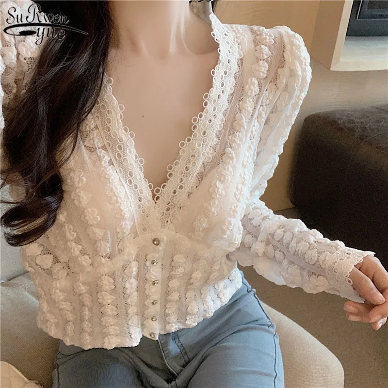 

2021 Spring New Korean Style Short White Lace Shirt Women V-neck Long Sleeve Cardigan Vintage Elegant Sexy Blouses Blusas 11841
