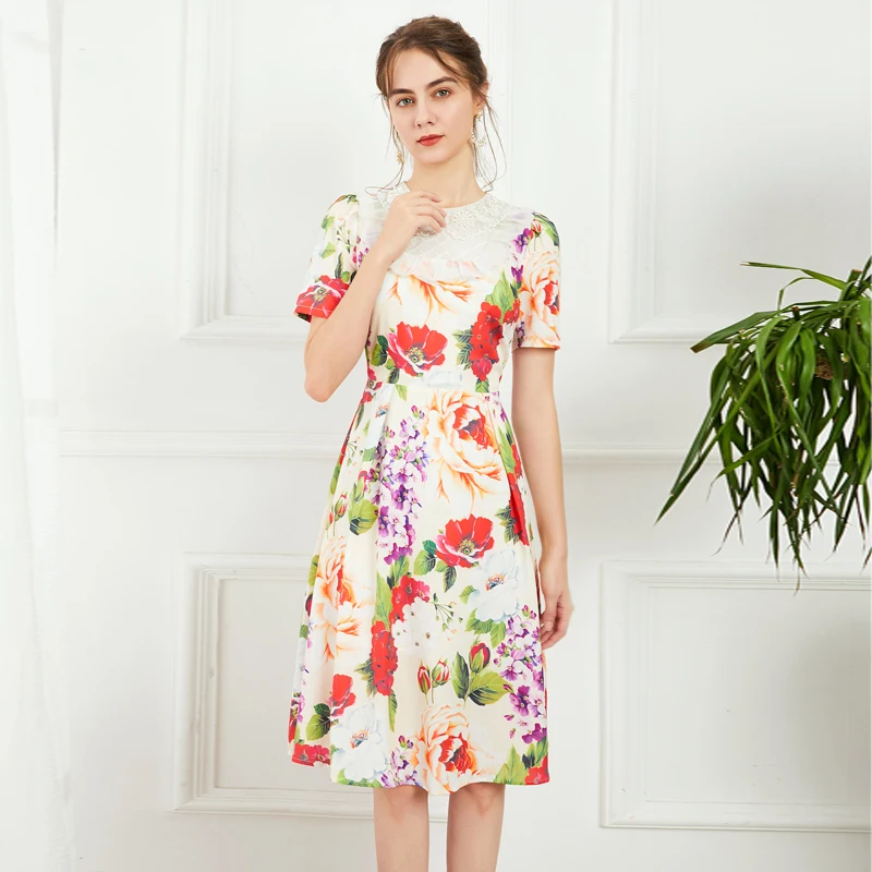 

Runway Designer High Quality 2021 New Women's Party Beach Casual Sexy Vintage Elegant Chic Diamonds Flower Print Chiffon Dress