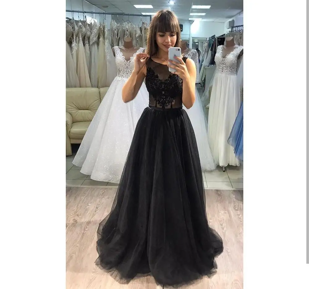 

2020 a-line prom dress black scoop black lace apliques tulle women party gowns see through vestido de graduacion cortos high