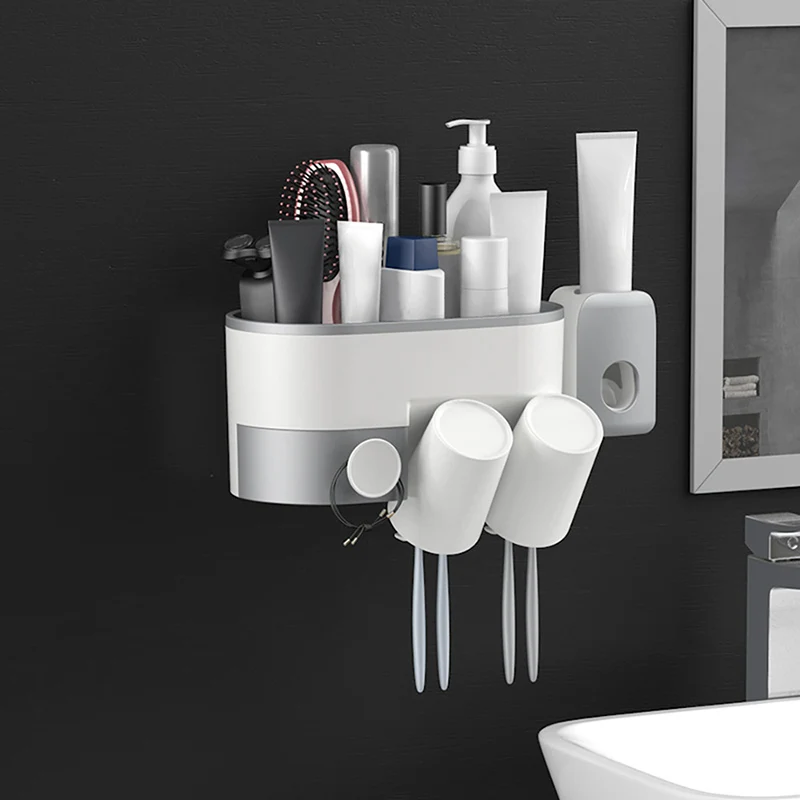 

Hot Sale Automatic Toothpaste Dispenser Family Toothbrush Holder Wall Mount Rack Bathroom Tools Set Punch-Free Toothbrush Rack