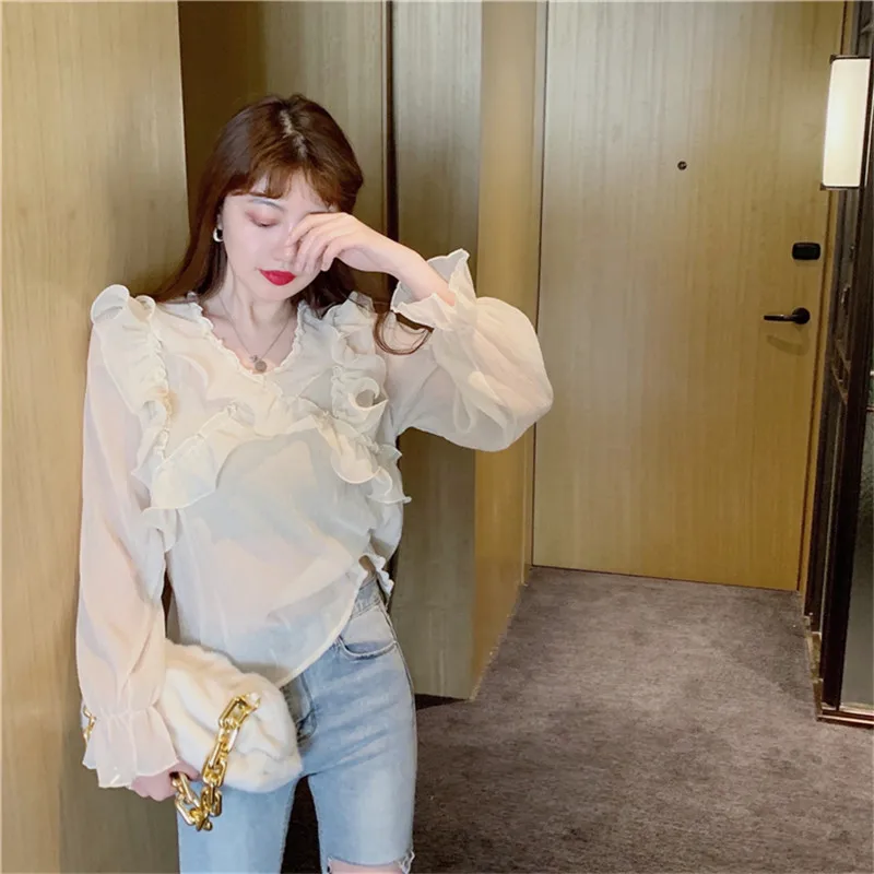 

2021 spring temperament pleated ruffled solid flare sleeve shirt spring outgoing fashion streetwear chic sweet korean style tops