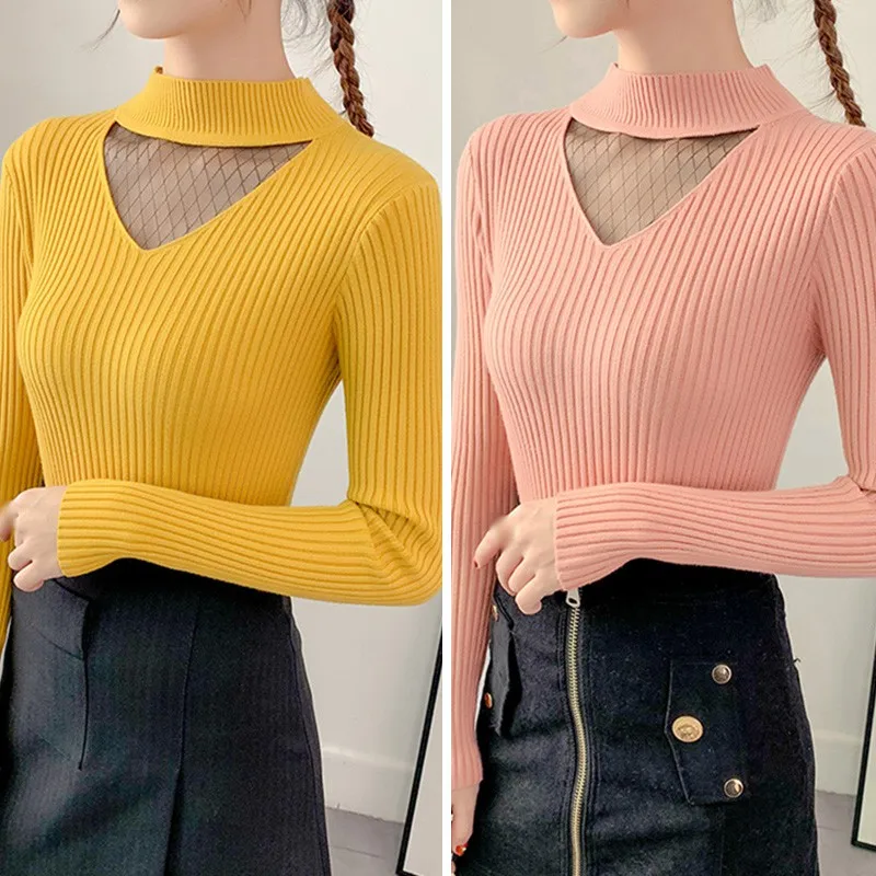 

Autumn Women Sweaters Fashion Sweet Half High Neck Solid Color Knitting Pullover 2020 Elegant Hollow Out Long Sleeve Sweaters