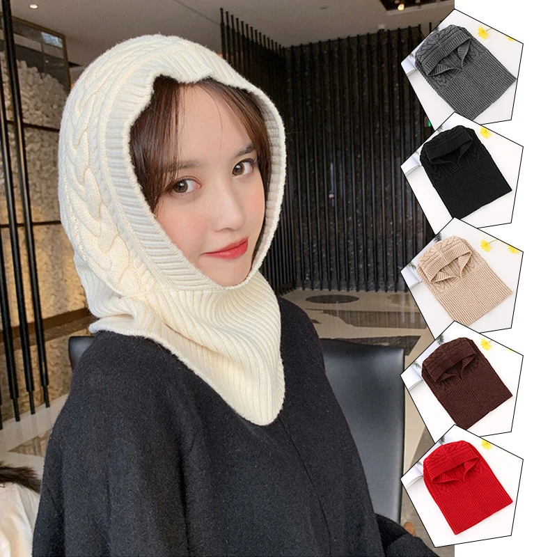 

Fashion Winter Women's Head Hooded Hat Scarf Dual-purpose One Thick Warm Knitted Pullover Beanies Skullies for Women Girls New