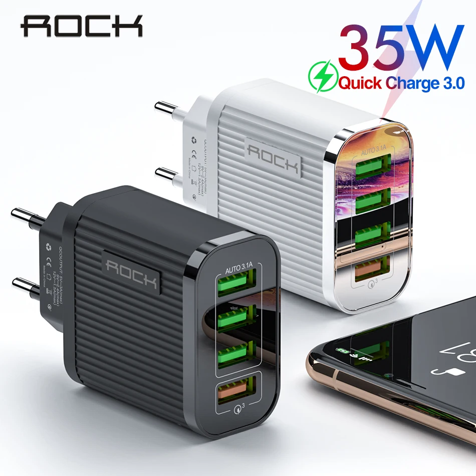 ROCK Quick Charge 3,0 зарядное устройство для телефона 4 порта USB 35 Вт QC 3,0 быстрое зарядное устройство для iPhone 11 Xiaomi huawei настенное зарядное устройство адаптер