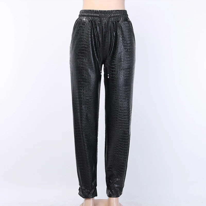 

Women's Black Joggers PU Long Pants 2021 Autumn Winter Vintage Drawstring Pockets Trousers Female Casual Fashion Street Bottoms