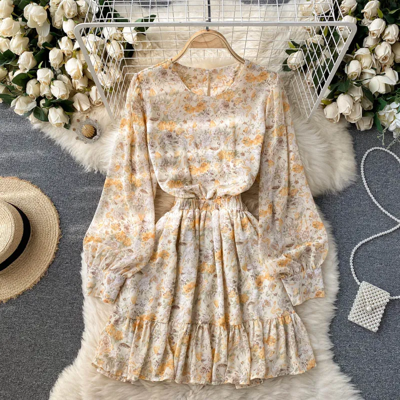 

Trendy Dresses For Women Casual Mini Round Neck Long Sleeve Dress Nice Spring Fashion Floral Print Short Elegant Chiffon Dress