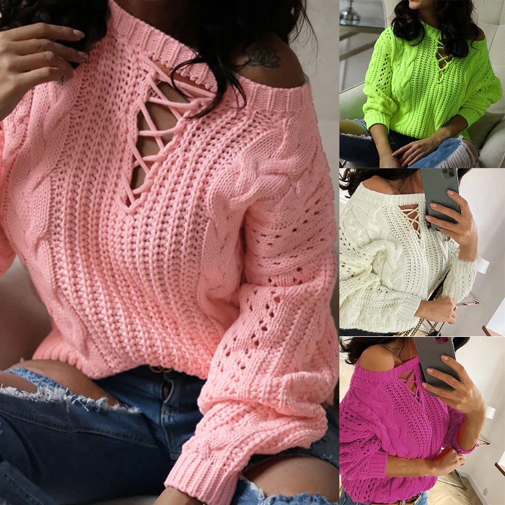 

Женский вязаный свитер с длинным рукавом, однотонный вязаный пуловер с круглым вырезом