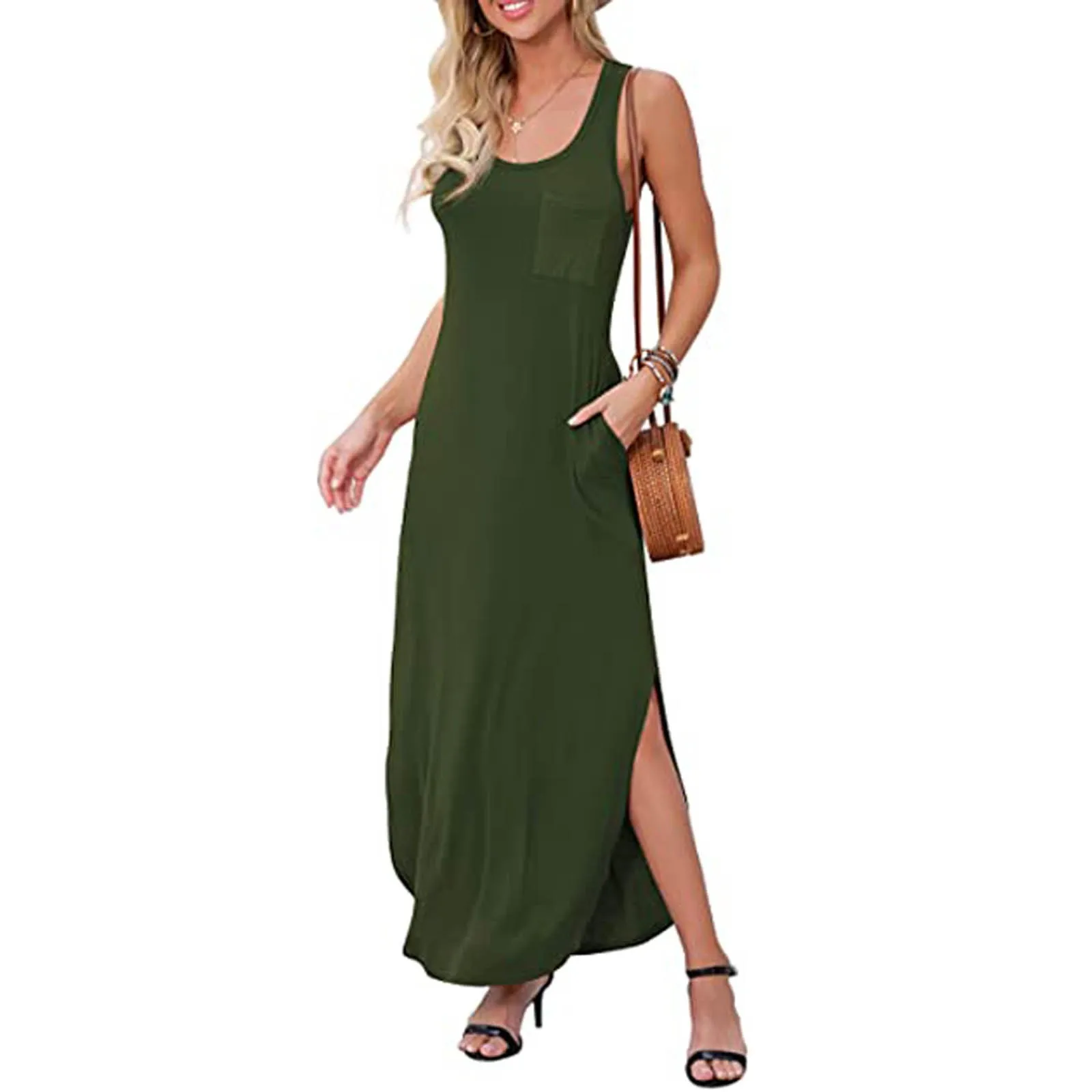 

Paisley Print Long Dress Women Casual Solid Sleeveless Spaghetti Strap Long Dresses High Split Loose Beach Sundress Party Dress