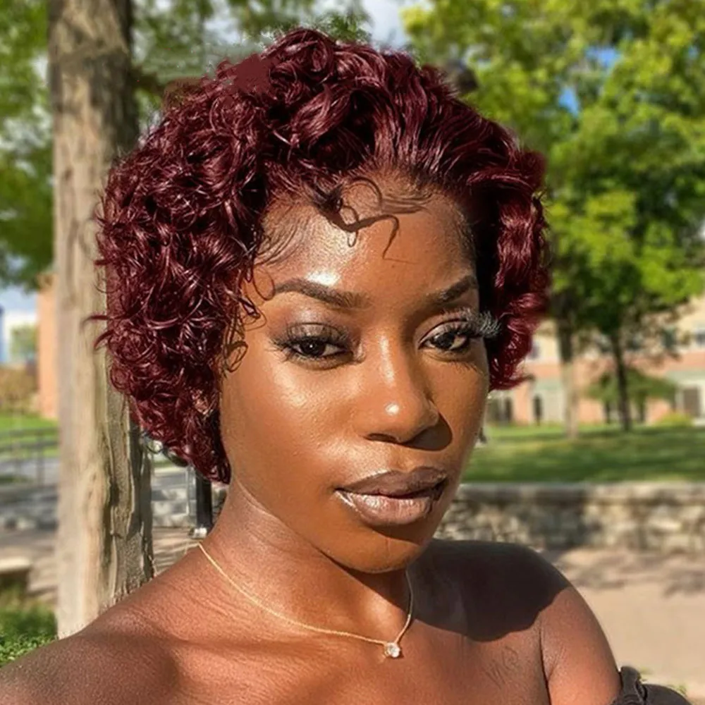 Pixie Cut Curly Wig 99J Red Short Brazilian T Part Lace Front 100% Human Hair Wigs For Women Highlight Black Remy | Шиньоны и парики