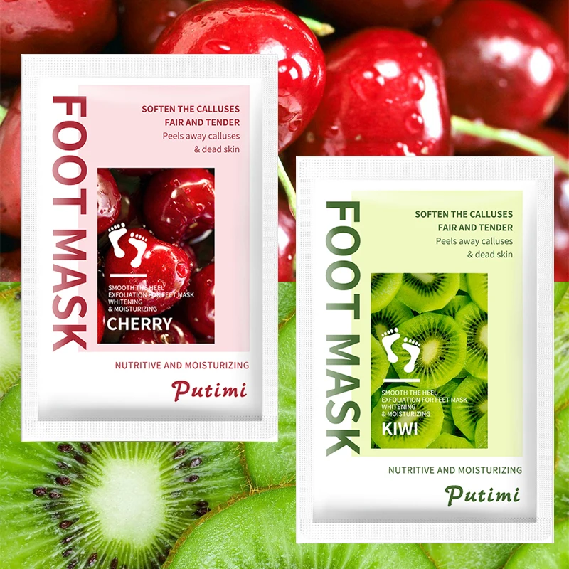 

PUTIMI 2Pack Kiwi Cherry Foot Mask Exfoliating Scrub Pedicure Socks Peel Calluses Remove Dead Skin Heel Exfoliation Feet Masks