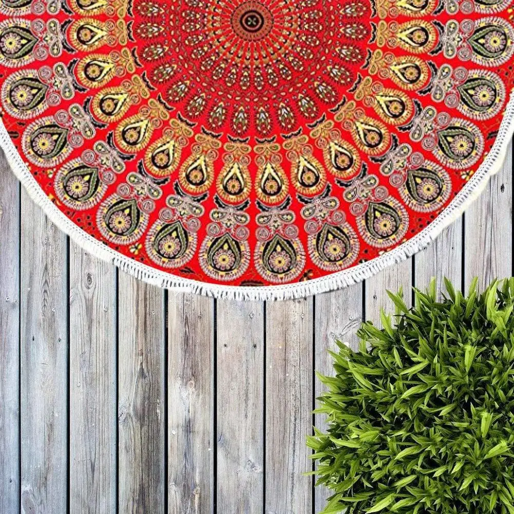 Красный круглый гобелен с кисточками настенный мандалой индийский хлопковый
