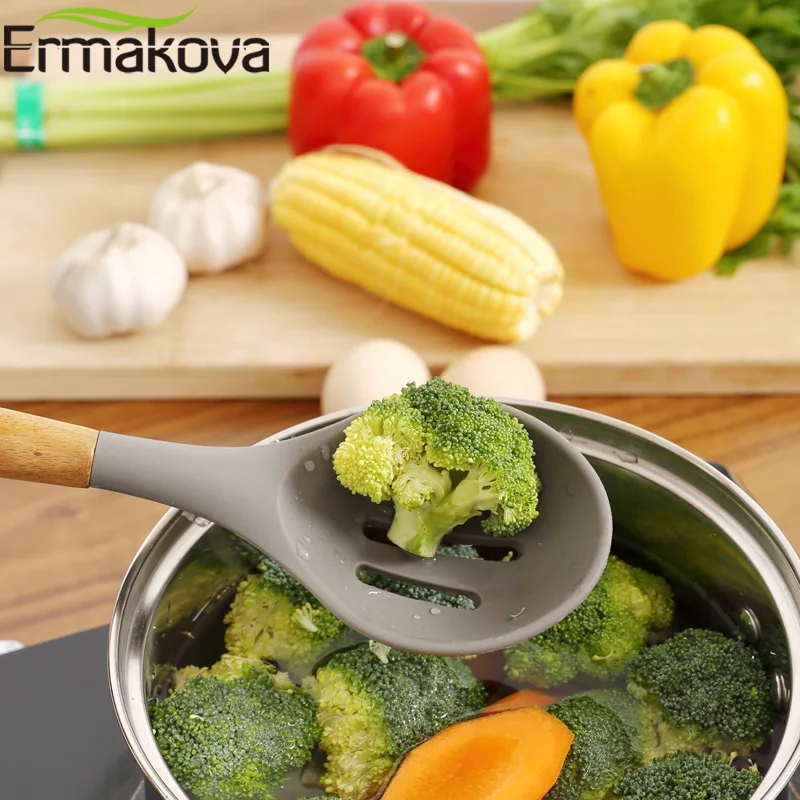 ERMAKOVA силиконовая кухонная утварь с деревянной ручкой с антипригарным шпателем ложка Тернер суп ковш венчик кухонные инструменты для приготовления пищи гаджет
